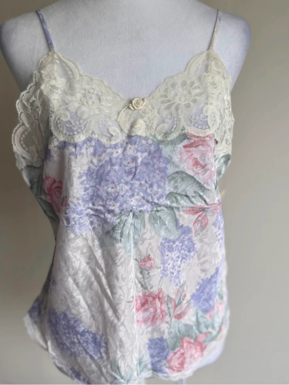 Vintage Lace Trim Floral Satin Camisole in Cream and Pastel Floral Slip Top